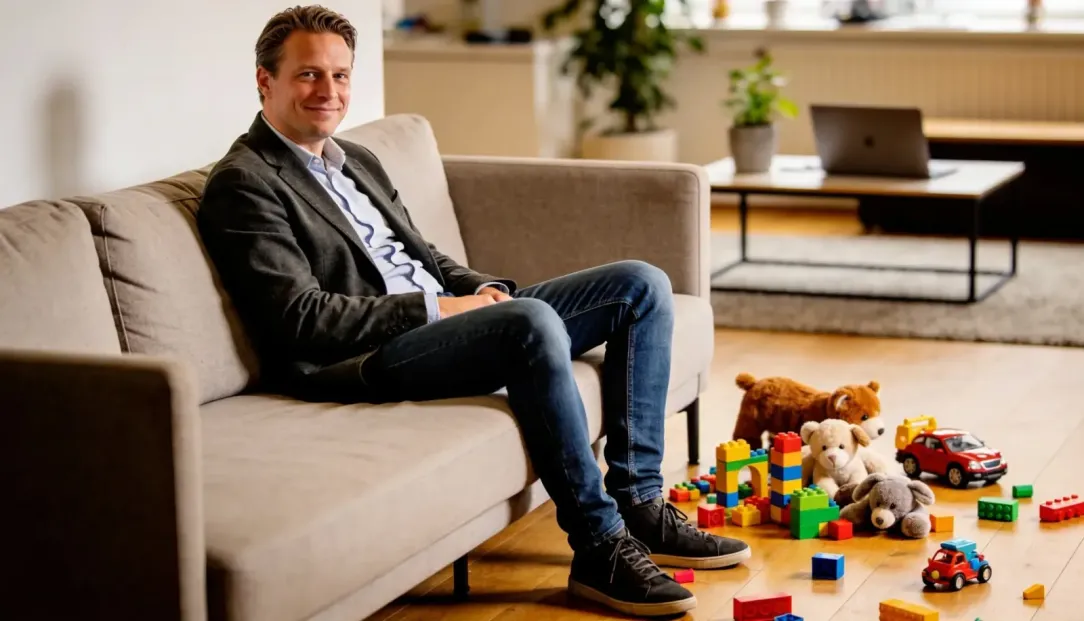Nederlandse ondernemer zit in een bank in de zitkamer met op de achtergrond wat speelgoed van de kinderen en een salontafel met daarop een laptop.