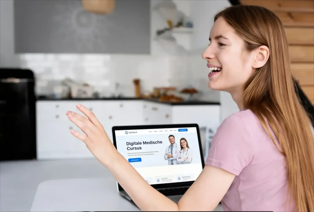 Een vrouw is in de keuken aan het werk op haar laptop en ze is een landingspagina aan het maken van een medische cursus die ze geeft.