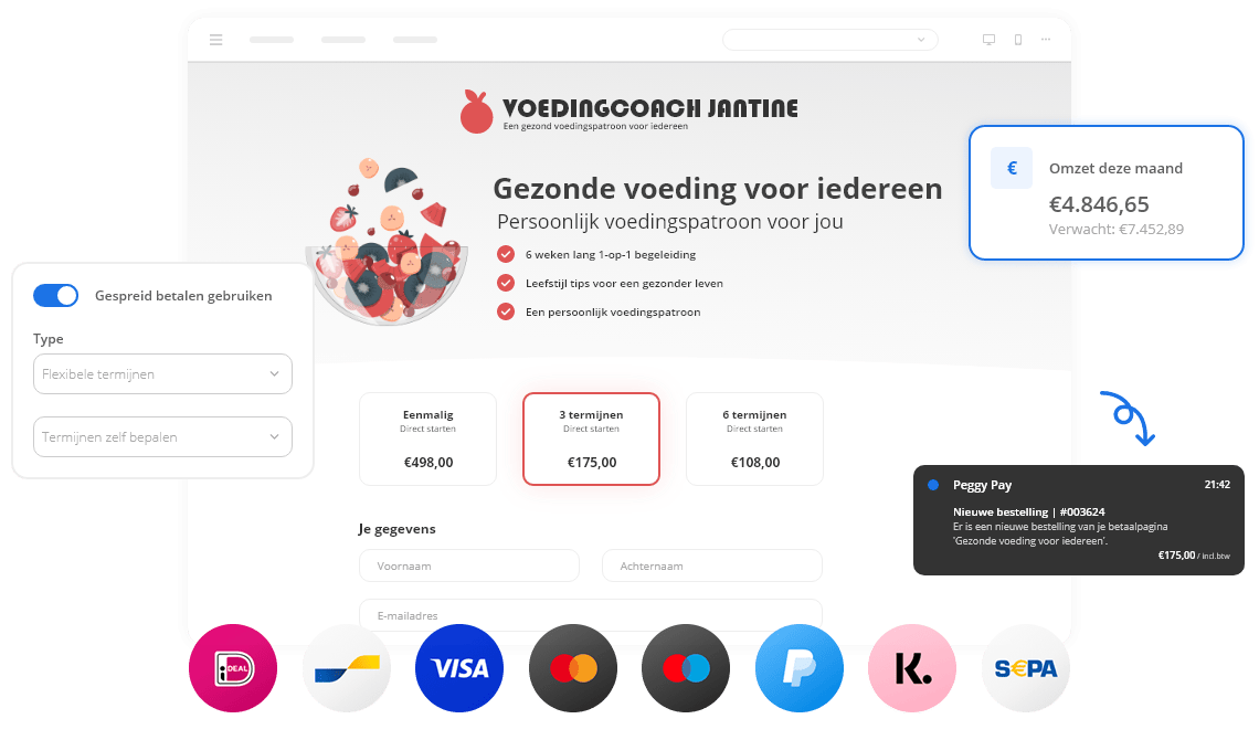 Betaalpagina met alle gangbare betaalmethoden voor Nederland en België. - Peggy Pay