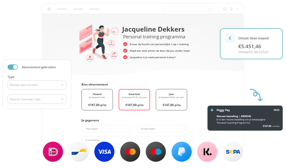 Een betaalpagina van Peggy Pay waarmee een abonnement wordt verkocht. Te zien is dat de klant een keuze kan maken uit een maand, - Peggy Pay