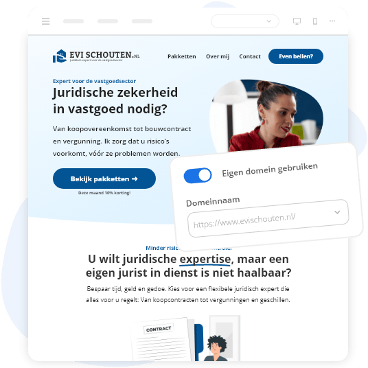 Een website met menu en footer die gemaakt is met Peggy Pay en gekoppeld aan een eigen domein. - Peggy Pay