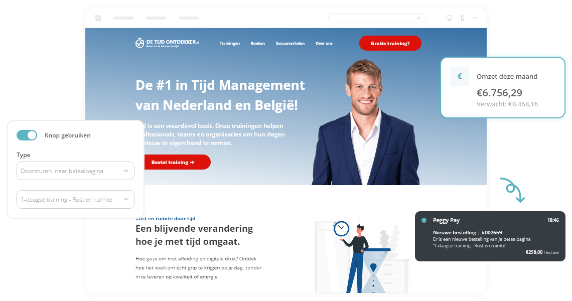 Een professionele website gemaakt met Peggy Pay. Je ziet hoe je een knop op de website door kunt sturen naar een betaalpagina om - Peggy Pay