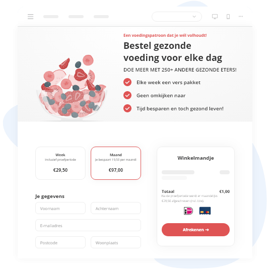 Betaalpagina met daarin de keuze die de klant kan maken voor het type product en betaling. - Peggy Pay