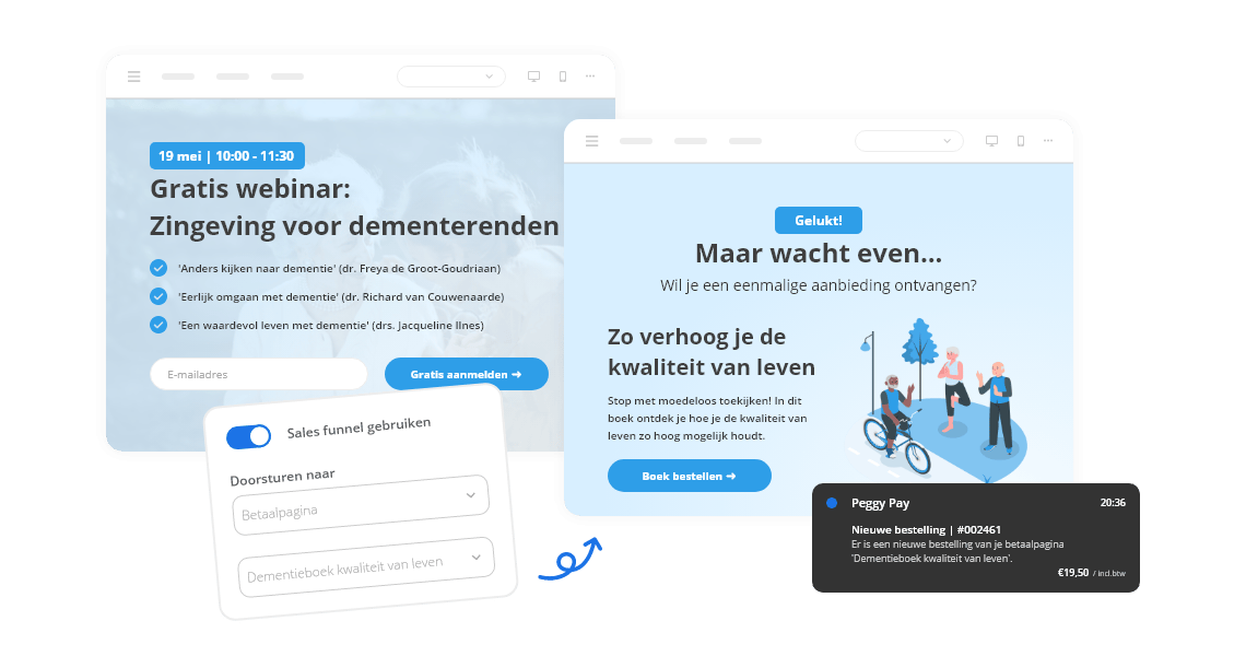 Funnel met leadpagina, salespagina en betaalpagina. - Peggy Pay