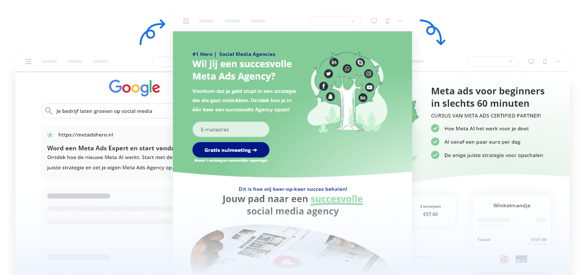 Funnel zichtbaar van leadpagina naar landingspagina naar betaalpagina. - Peggy Pay