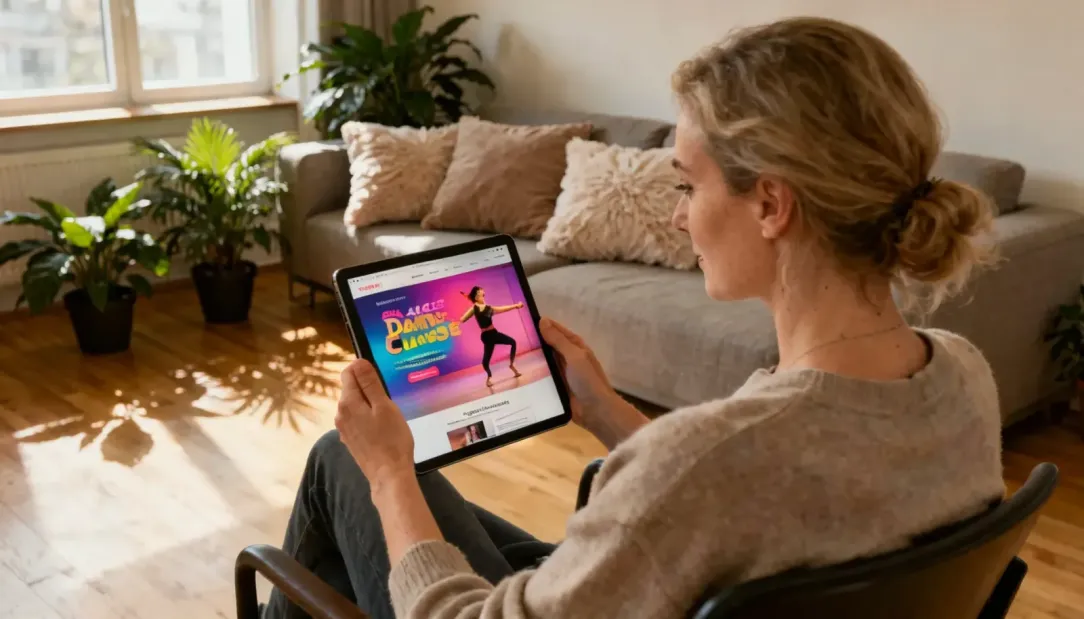 Vrouw consument met blond haar die kijkt naar een pagina op haar tablet terwijl ze zit in de woonkamer.